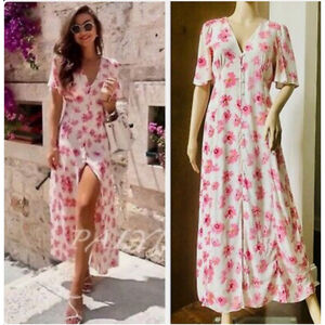 Zara Floral Print Midi Dress Size L White Pink bloggers favourite